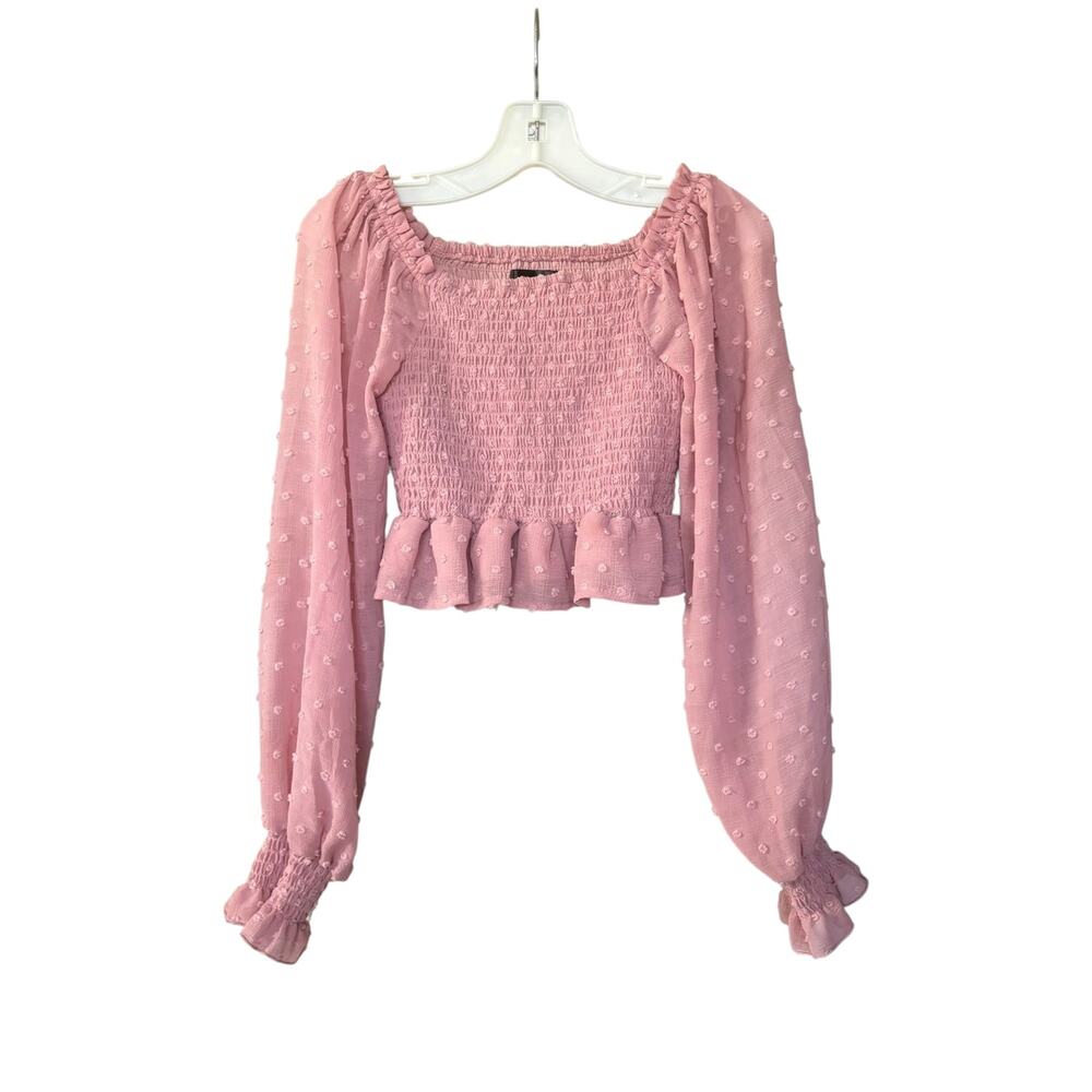 Aqua Girls Swiss Dot Smocked Shirt Top Long Sleeve Pink Size Medium 9 10